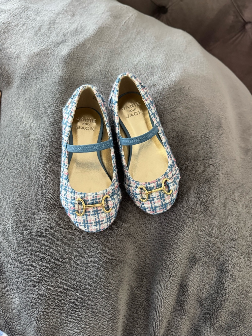 Janie and Jack Blue Tweed Mary Jane Flats with Gold Buckle